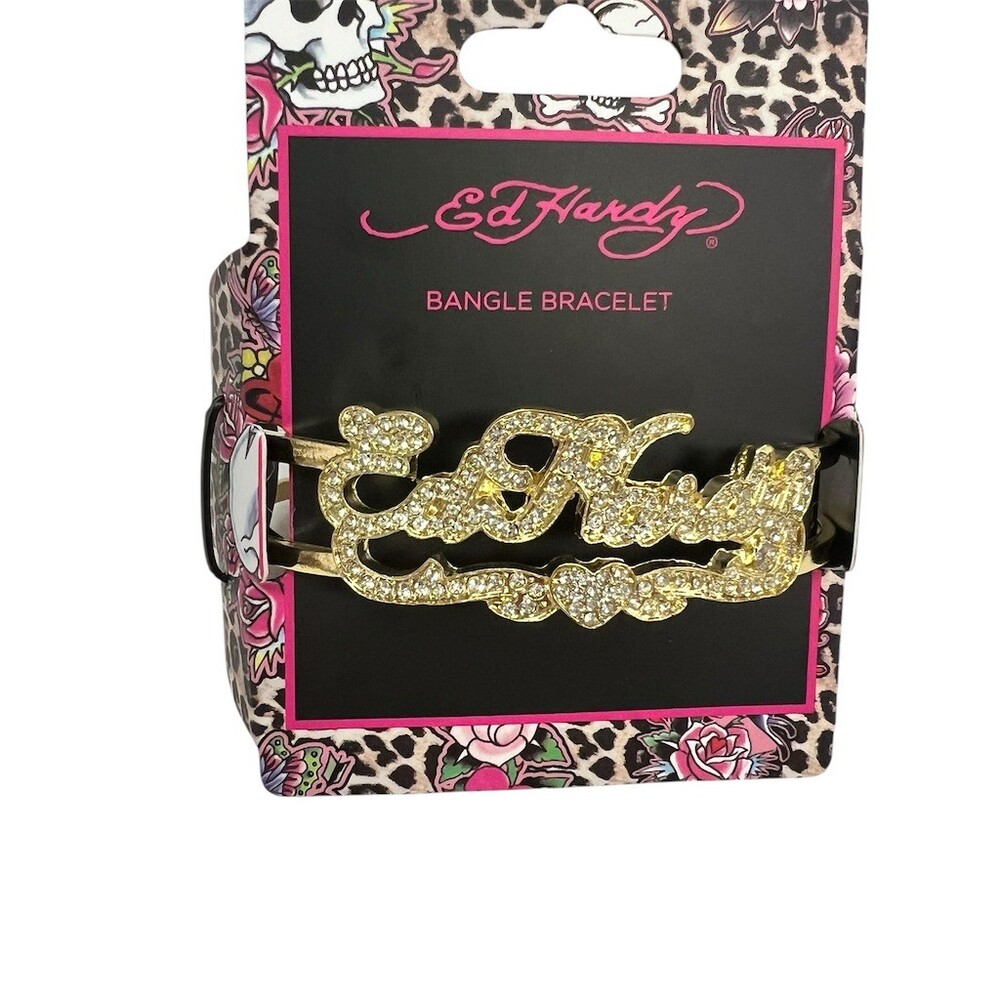 Ed Hardy Bracelet Gold Rhinestone Logo Double Strap Buckle Cuff Adjustable